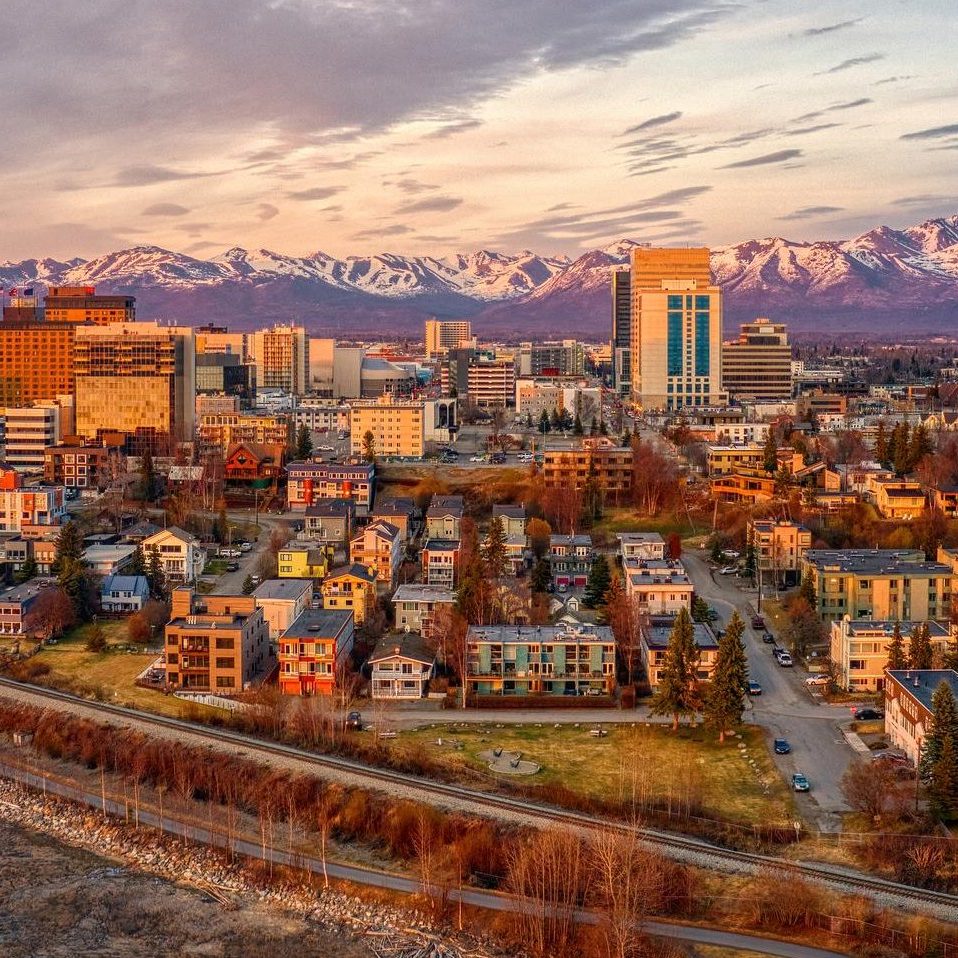 Aerial View of a Sunset over Downtown Anchorage, Alaska in Spring